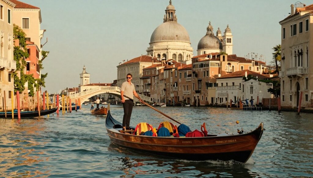 Lagoon boats approach Venice through sheltered waterways