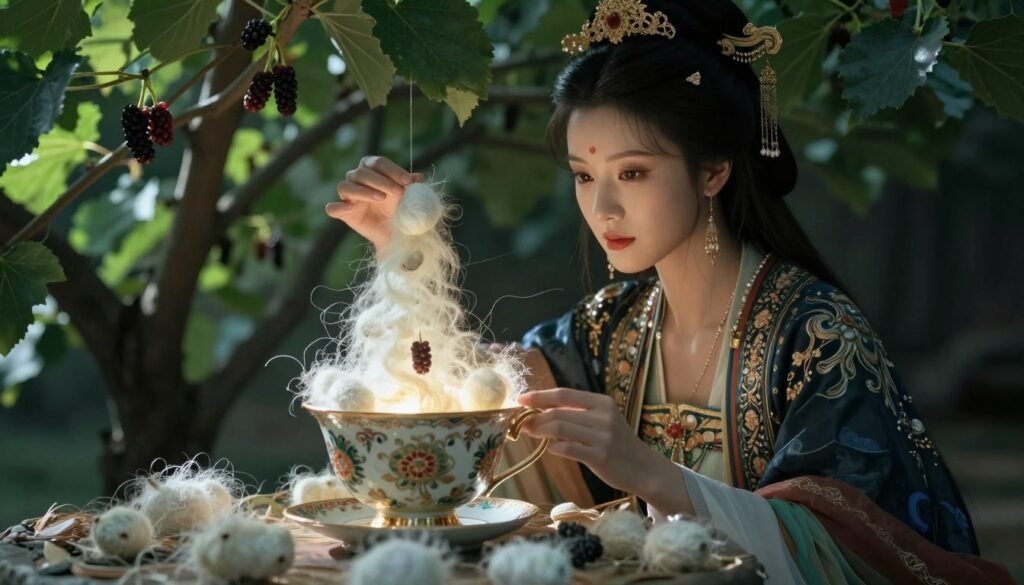 Legendary empress in elegant, richly embroidered attire watches with a serene expression as a delicate cocoon unfurls within an ornate teacup. The background features a lush mulberry tree, its leaves casting dappled shadows. Soft, moody lighting highlights the scene, creating an ethereal glow around the teacup and cocoon. The foreground includes intricate details like silk threads catching the light, enhancing the texture of the edibles. Capture this from a low angle to emphasize the majesty of the empress and the beauty of the unfolding cocoon. The atmosphere should feel enchanting and mysterious, hinting at the historical significance of silk and nature’s wonders along the Silk Road.