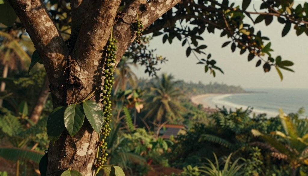 Pepper vine gracefully climbing a rugged tree, adorned with vibrant green spikes of unripe berries along the Malabar Coast. In the foreground, the textured bark of the tree contrasts with the glossy leaves of the vine, creating an intimate connection to the lush environment. The middle ground showcases a rich tapestry of tropical foliage, with hints of other plants native to the region, under a warm, diffused sunlight filtering through the canopy overhead. The background reveals a soft-focus view of the coastline, suggesting a historical context of trade routes in this region, with a subtle haze that enhances the atmosphere. The scene is captured in vintage documentary photography style, highlighting warm earthy tones that evoke a sense of nostalgia and connection to the past. The overall mood is serene and inviting, reflecting the rich history of the black pepper trade. Pepper vine gracefully climbing a rugged tree, adorned with vibrant green spikes of unripe berries along the Malabar Coast. In the foreground, the textured bark of the tree contrasts with the glossy leaves of the vine, creating an intimate connection to the lush environment. The middle ground showcases a rich tapestry of tropical foliage, with hints of other plants native to the region, under a warm, diffused sunlight filtering through the canopy overhead. The background reveals a soft-focus view of the coastline, suggesting a historical context of trade routes in this region, with a subtle haze that enhances the atmosphere. The scene is captured in vintage documentary photography style, highlighting warm earthy tones that evoke a sense of nostalgia and connection to the past. The overall mood is serene and inviting, reflecting the rich history of the black pepper trade.