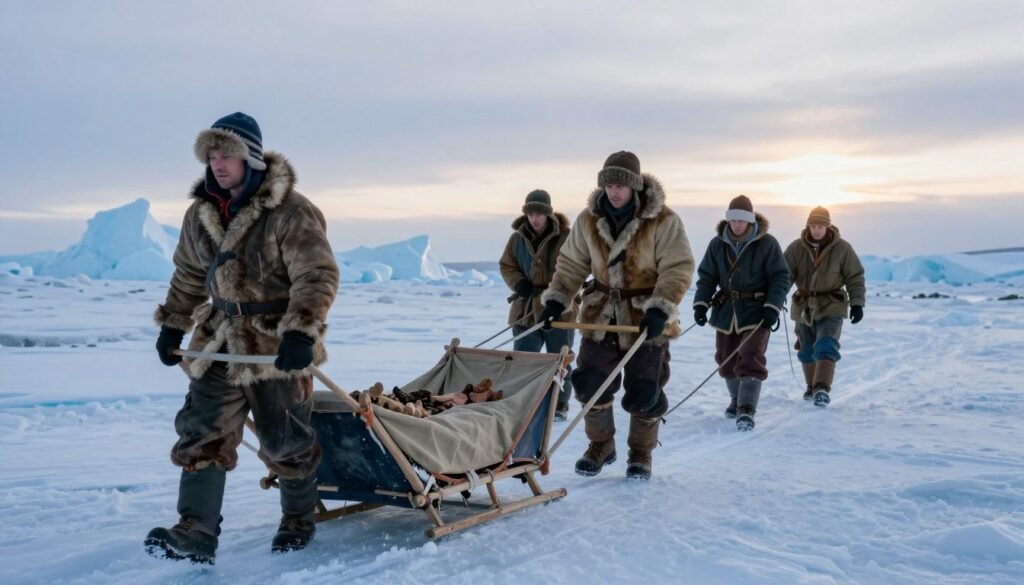 Polar explorers in warm, rugged attire, with fur-lined jackets and woolen hats, struggle against the biting cold as they haul a heavy sledge loaded with pemmican across a vast expanse of white ice. The foreground captures their determined expressions and the texture of the raw linen canvas covering the sledge, while mid-ground features distinct ice formations scattered across the seemingly endless ice sheet. In the background, soft, moody lighting casts a bluish hue over the icy landscape, hinting at a low winter sun setting on the horizon. The atmosphere is one of perseverance and adventure, highlighting the rawness of frontier survival amid a harsh yet stunning polar environment. Polar explorers in warm, rugged attire, with fur-lined jackets and woolen hats, struggle against the biting cold as they haul a heavy sledge loaded with pemmican across a vast expanse of white ice. The foreground captures their determined expressions and the texture of the raw linen canvas covering the sledge, while mid-ground features distinct ice formations scattered across the seemingly endless ice sheet. In the background, soft, moody lighting casts a bluish hue over the icy landscape, hinting at a low winter sun setting on the horizon. The atmosphere is one of perseverance and adventure, highlighting the rawness of frontier survival amid a harsh yet stunning polar environment.