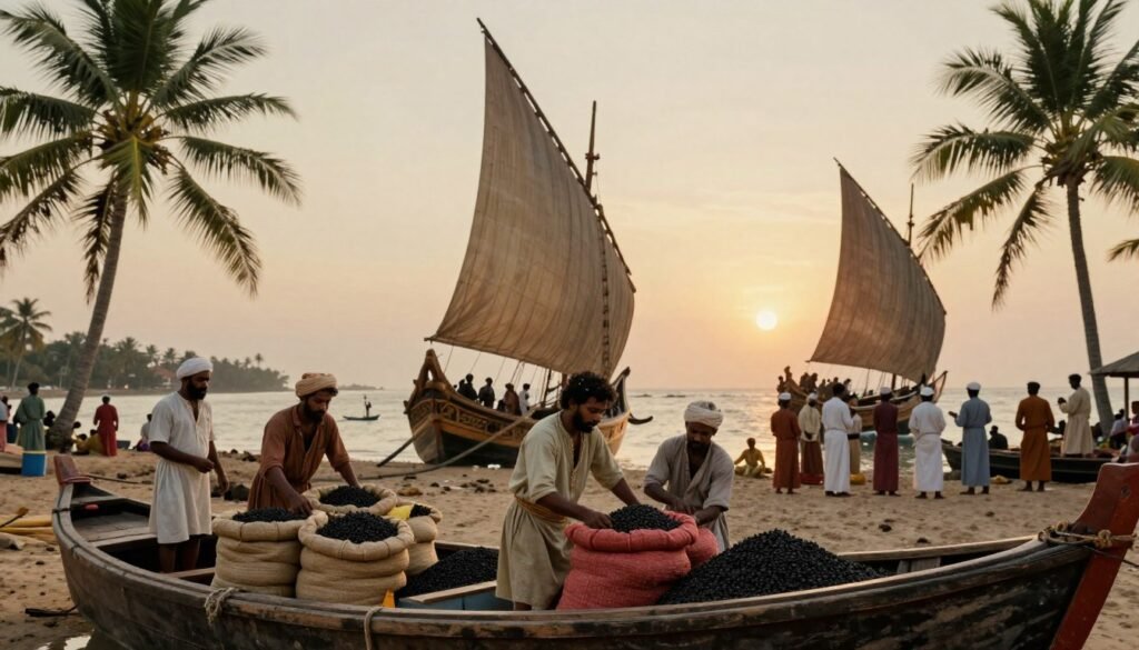 Portuguese ships of the 16th century are anchored off the coast of Calicut, with intricately designed sails catching the soft evening light. In the foreground, sailors in modest traditional attire diligently unload vibrant sacks of black pepper from small wooden boats, showcasing a rich variety of textures. The middle ground features bustling activity on the shores, with local traders engaged in lively exchanges, surrounded by palm trees swaying gently in the warm breeze. The background displays the distant outline of Calicut's coastline, illuminated by the golden glow of the setting sun. The atmosphere is vibrant yet serene, evoking a sense of historical significance and cultural exchange, reminiscent of vintage documentary photography, complete with warm earthy tones and a slightly grainy texture to enhance the antique feel. Portuguese ships of the 16th century are anchored off the coast of Calicut, with intricately designed sails catching the soft evening light. In the foreground, sailors in modest traditional attire diligently unload vibrant sacks of black pepper from small wooden boats, showcasing a rich variety of textures. The middle ground features bustling activity on the shores, with local traders engaged in lively exchanges, surrounded by palm trees swaying gently in the warm breeze. The background displays the distant outline of Calicut's coastline, illuminated by the golden glow of the setting sun. The atmosphere is vibrant yet serene, evoking a sense of historical significance and cultural exchange, reminiscent of vintage documentary photography, complete with warm earthy tones and a slightly grainy texture to enhance the antique feel.