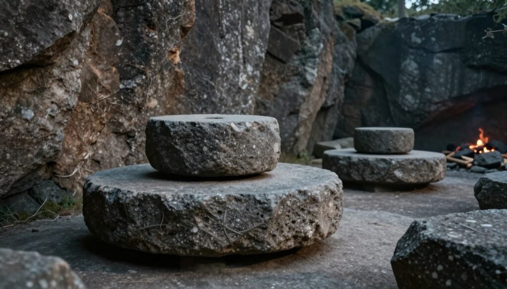 Rough basalt quern stones are stacked beside a weathered quarry face, surrounded by large, rugged granite stones, showcasing their ancient utility. The foreground highlights the textured surface of the quern stones, with intricate patterns and wear from years of use. The middle ground captures the towering, rough granite quarry face, presenting a raw, natural landscape that echoes the Neolithic era. In the background, soft, moody lighting bathes the scene, creating a mystical atmosphere with subtle glowing embers that hint at the fire used by early millers. The focus is on the interplay of shadow and light that enhances the historical significance of these hand mills, evoking a sense of time and tradition.