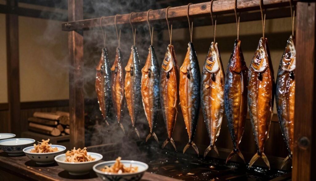 Rows of simmered skipjack fillets hanging in a traditional wood-fired smoking room in Makurazaki, evoking the Edo period. The fillets, glossy and rich in color, are neatly arranged, with the warm, smoky aroma enveloping the space. In the foreground, delicate porcelain bowls are placed, perhaps awaiting the finished katsuobushi, adding an artisanal touch. The middle ground showcases the fillets suspended from wooden beams, casting shadows that dance in the soft, moody lighting. The background features stacks of wood and rustic walls, emphasizing the authenticity of the smoking process. Captured with a shallow depth of field, the focus lies on the fillets, creating an intimate and nostalgic atmosphere that reflects the craftsmanship and tradition of katsuobushi production.