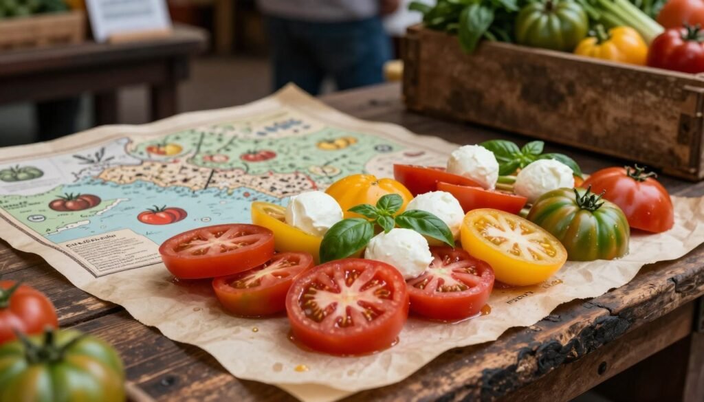 Sliced heirloom tomatoes in vibrant reds, yellows, and greens arranged artfully with creamy mozzarella balls and fresh basil leaves at a rustic farmers market stand. In the foreground, focus on the glossy textures of the tomatoes and mozzarella, glistening in moody natural light that enhances their colors. In the middle ground, an aged wooden table covered with slightly crumpled aged parchment maps depicting historical heirloom tomato varieties, adding depth and context. The backdrop features a softly blurred market scene, with hints of fresh produce and vintage crates. Capture the rich, earthy atmosphere evoking a sense of history and tradition, reminiscent of Mesoamerican antiquity. Use a shallow depth of field to keep the focus on the tomatoes while providing a cozy, inviting mood. Sliced heirloom tomatoes in vibrant reds, yellows, and greens arranged artfully with creamy mozzarella balls and fresh basil leaves at a rustic farmers market stand. In the foreground, focus on the glossy textures of the tomatoes and mozzarella, glistening in moody natural light that enhances their colors. In the middle ground, an aged wooden table covered with slightly crumpled aged parchment maps depicting historical heirloom tomato varieties, adding depth and context. The backdrop features a softly blurred market scene, with hints of fresh produce and vintage crates. Capture the rich, earthy atmosphere evoking a sense of history and tradition, reminiscent of Mesoamerican antiquity. Use a shallow depth of field to keep the focus on the tomatoes while providing a cozy, inviting mood.