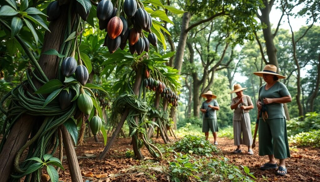 Totonac growers, dressed in modest, traditional clothing, carefully tend to lush green vanilla vines entwined around rustic wooden supports in a verdant Veracruz forest. In the foreground, the growers are holding hand tools and examining the delicate vanilla flowers. The middle ground features vibrant cacao pods hanging from nearby trees, showcasing deep purples and greens, while rich brown soil is visible beneath their feet. The background reveals a dense canopy of towering trees, allowing soft, dappled sunlight to filter through, creating a warm, inviting atmosphere. The overall mood is one of harmony with nature and dedication to agriculture, infused with a sense of Mesoamerican antiquity. Use a slightly blurred depth of field to emphasize the growers and the vanilla vines.
