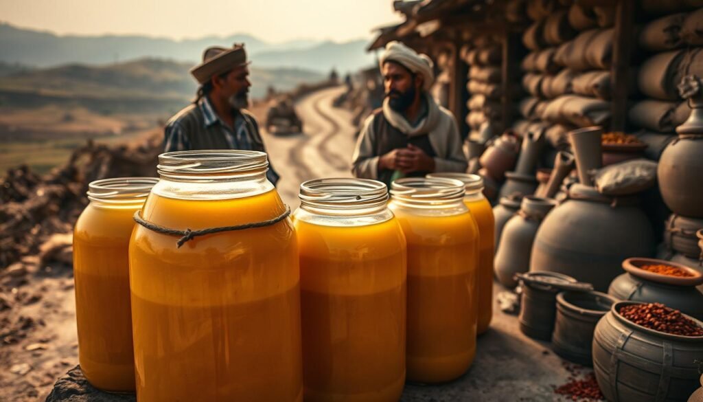 Traders dressed in traditional attire, carrying sealed jars of raw ghee, stand on an ancient trade route lined with rustic historical props like clay pots and wooden crates. In the foreground, focus on the richly textured jars, their golden content glistening in the soft, moody light. In the middle, the traders engage in conversation, their expressions reflecting the importance of their goods, surrounded by burlap sacks and spices, creating an immersive marketplace feel. The background features distant hills and a dusty path, hinting at the journey's length. The scene is bathed in warm, cinematic lighting, evoking a sense of history and reverence for this vital food fat. Traders dressed in traditional attire, carrying sealed jars of raw ghee, stand on an ancient trade route lined with rustic historical props like clay pots and wooden crates. In the foreground, focus on the richly textured jars, their golden content glistening in the soft, moody light. In the middle, the traders engage in conversation, their expressions reflecting the importance of their goods, surrounded by burlap sacks and spices, creating an immersive marketplace feel. The background features distant hills and a dusty path, hinting at the journey's length. The scene is bathed in warm, cinematic lighting, evoking a sense of history and reverence for this vital food fat.