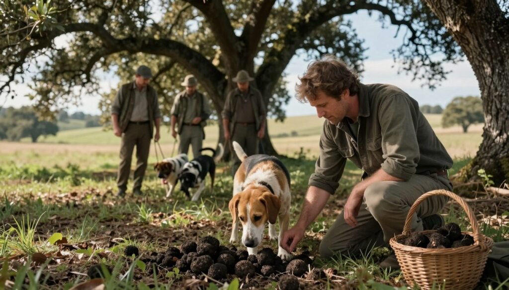 Truffle hunters are depicted in a sun-dappled field, kneeling intently as they guide their eager dogs, noses to the ground, searching for elusive black truffles near majestic oaks. In the foreground, a hunter wearing modest casual clothing is closely watching his dog, with a basket of freshly unearthed truffles at his side. The middle ground features rustic oak trees casting dappled shadows, while the background fades into a gently rolling landscape beneath a soft blue sky. The scene is illuminated with warm, moody lighting, creating an inviting yet adventurous atmosphere. Use a shallow depth of field to focus on the interaction between the hunters and their dogs, capturing the essence of this ancient culinary pursuit.