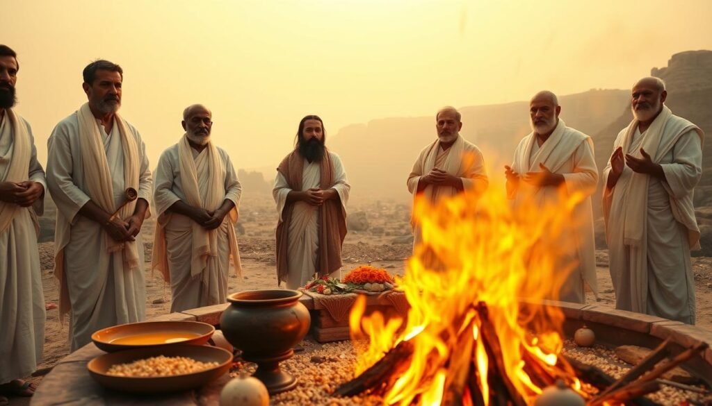 Vedic priests in traditional attire, comprised of simple white dhotis and shawls, stand solemnly beside a large sacrificial fire during a yajna ceremony. The scene is filled with sacred energy as they chant ancient mantras, holding ritual implements such as a spoon for ghee. In the foreground, the bright flames flicker, illuminating the priests' focused faces, surrounded by offerings of raw ghee and other rustic historical props like wooden vessels and dried herbs. The middle ground features a circular altar adorned with flowers and sacred grains, while the atmospheric background includes an ancient Indian landscape, gently fading into soft, moody cinematic lighting that enhances the spiritual ambiance. The composition is captured from a low angle, emphasizing the grandeur of the sacred act. Vedic priests in traditional attire, comprised of simple white dhotis and shawls, stand solemnly beside a large sacrificial fire during a yajna ceremony. The scene is filled with sacred energy as they chant ancient mantras, holding ritual implements such as a spoon for ghee. In the foreground, the bright flames flicker, illuminating the priests' focused faces, surrounded by offerings of raw ghee and other rustic historical props like wooden vessels and dried herbs. The middle ground features a circular altar adorned with flowers and sacred grains, while the atmospheric background includes an ancient Indian landscape, gently fading into soft, moody cinematic lighting that enhances the spiritual ambiance. The composition is captured from a low angle, emphasizing the grandeur of the sacred act.