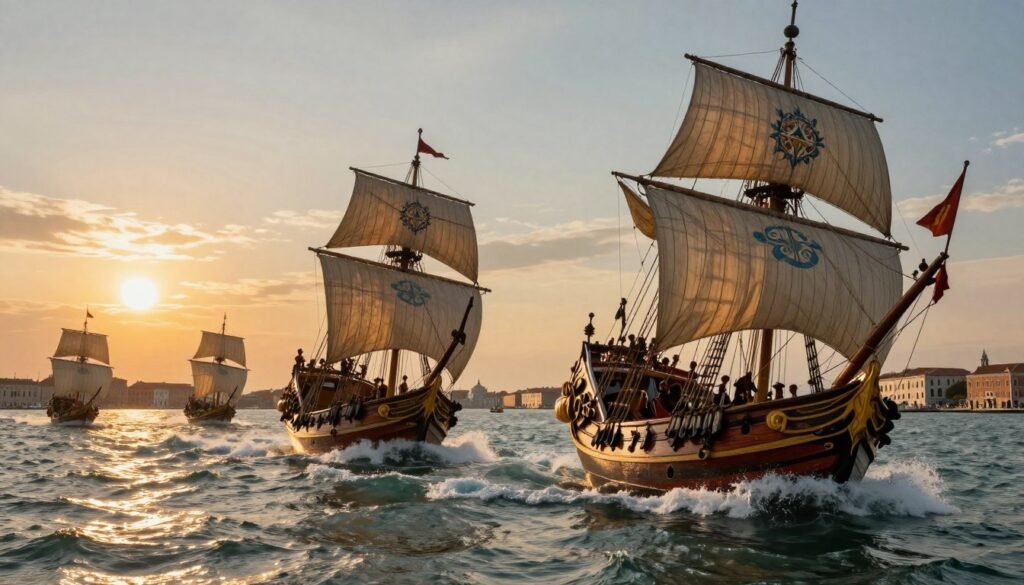 Venetian and Genoese ships compete for Mediterranean spice trade