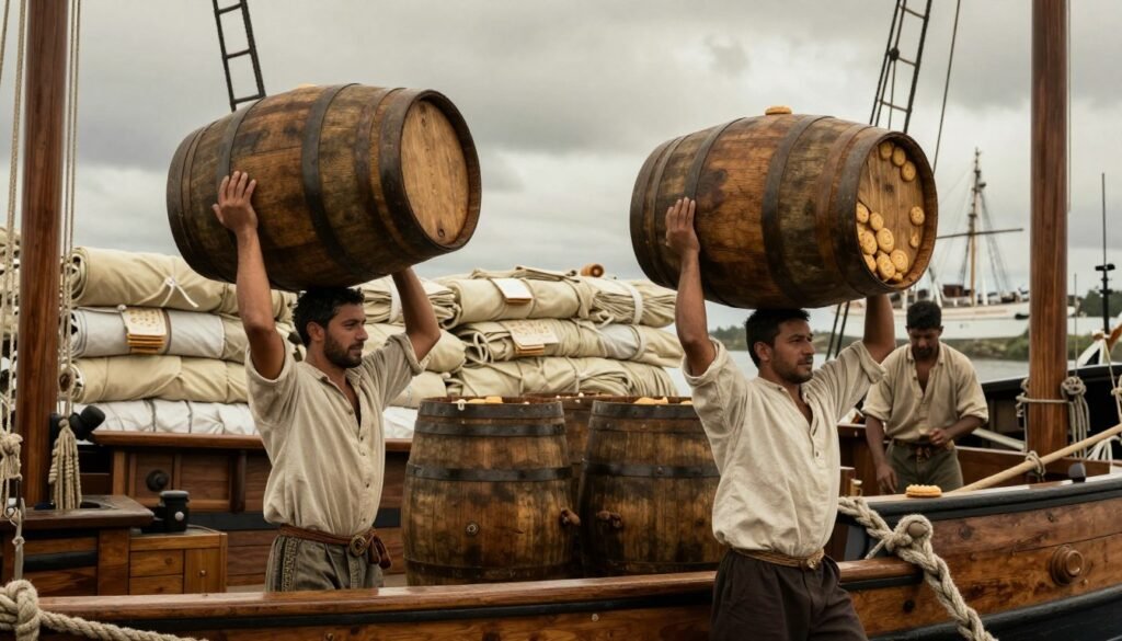 Victualling yard workers in traditional maritime attire are busily loading large, weathered barrels of provisions onto a wooden ship docked by the waterfront. In the foreground, a worker carefully balances a barrel, showcasing the rustic texture of the wood, while another lifts another barrel, revealing the intricate details of the ship biscuits inside. The middle ground features stacks of raw sailcloth and additional provisions, emphasizing the preparation for long naval voyages. In the background, a moody sky suggests an impending journey, with hints of an old ship's silhouette in the distance. The atmosphere conveys diligence and anticipation, with soft, diffused lighting casting gentle shadows across the scene, creating a nostalgic ambiance reminiscent of maritime exploration.