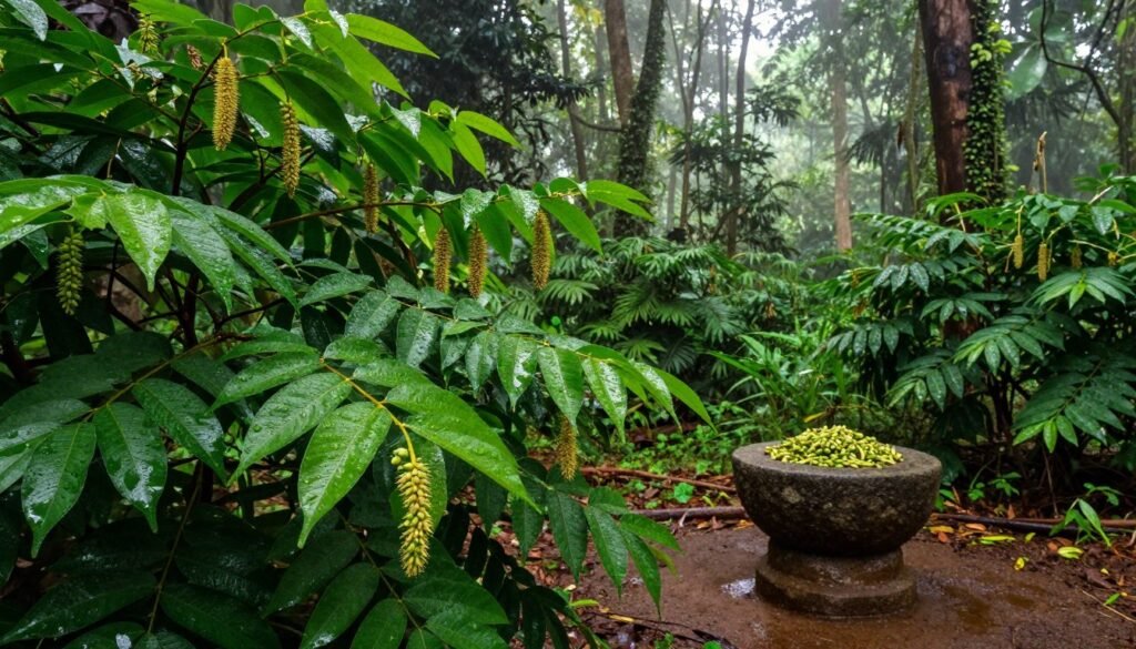 Wild cardamom bushes thrive in the lush rain forest of southern India, their vibrant green leaves glistening with rain. In the foreground, large, leafy plants with elongated, spiky flower clusters showcase raw green cardamom pods nestled among the foliage. The middle ground features a heavy stone mortar dotted with damp earth, hinting at the traditional use of these spices in ancient cuisine. In the background, tall trees are shrouded in a soft, moody mist, their trunks draped with climbing vines. Natural light filters through the canopy, casting dappled shadows across the scene, enhancing the serene yet vibrant atmosphere of the rainforest. The overall mood is rich and evocative, resembling a painting from the Dutch Golden Age.