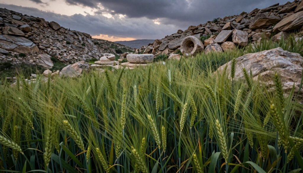 Wild emmer wheat growing abundantly on a rugged rocky hillside in the Levant region of the Fertile Crescent. The foreground features vibrant green stalks of emmer, showcasing their unique, long, slender grains. In the middle ground, ancient heavy grinding stones are placed against the hillside, hinting at historic agricultural practices. The background reveals a dramatic, moody sky at dusk, casting deep shadows over the landscape. Soft, diffused lighting enhances the textures of the rocks and wheat, creating an atmosphere of ancient history and resilience. The overall mood is one of both beauty and struggle, reflecting the intriguing narrative of emmer wheat's past. The view is slightly elevated, capturing the expansive landscape while maintaining a focus on the wild emmer.